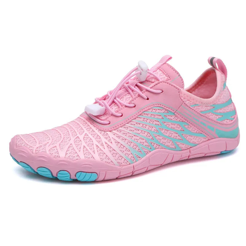 Pink mesh trail runners with blue accents and quick-lace system