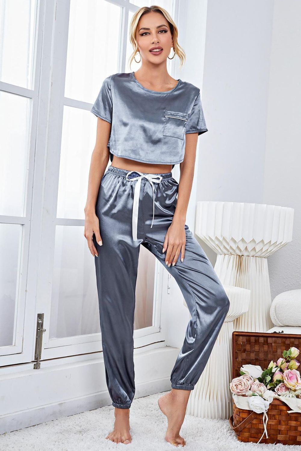 Steel satin crop top and jogger set with drawstring waist and pocket detail