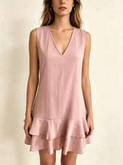 Lotus Color tiered ruffle mini dress with V-neck and sleeveless design.