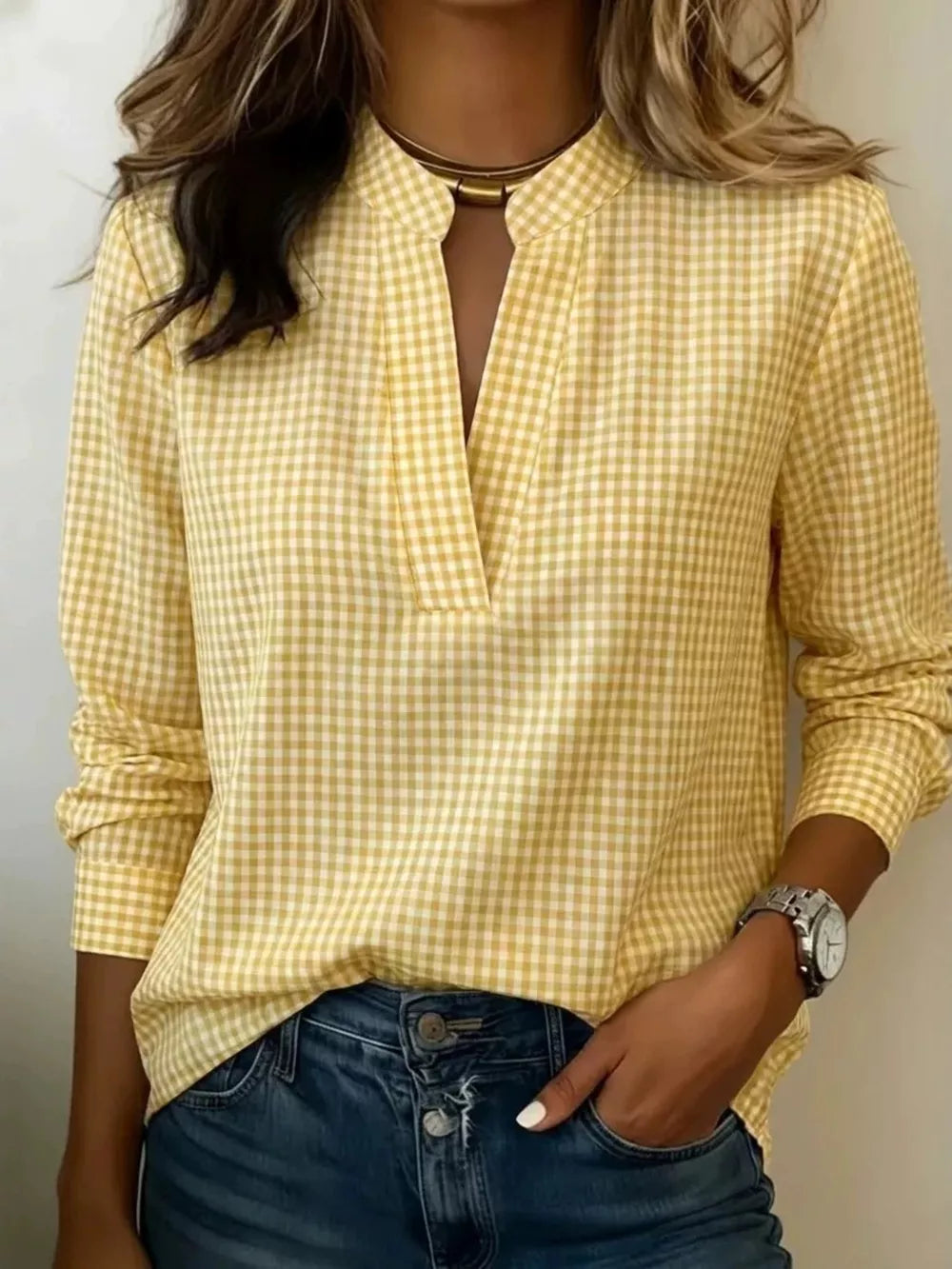 Full Size Plaid Notched Long Sleeve Blouse, close-up detail