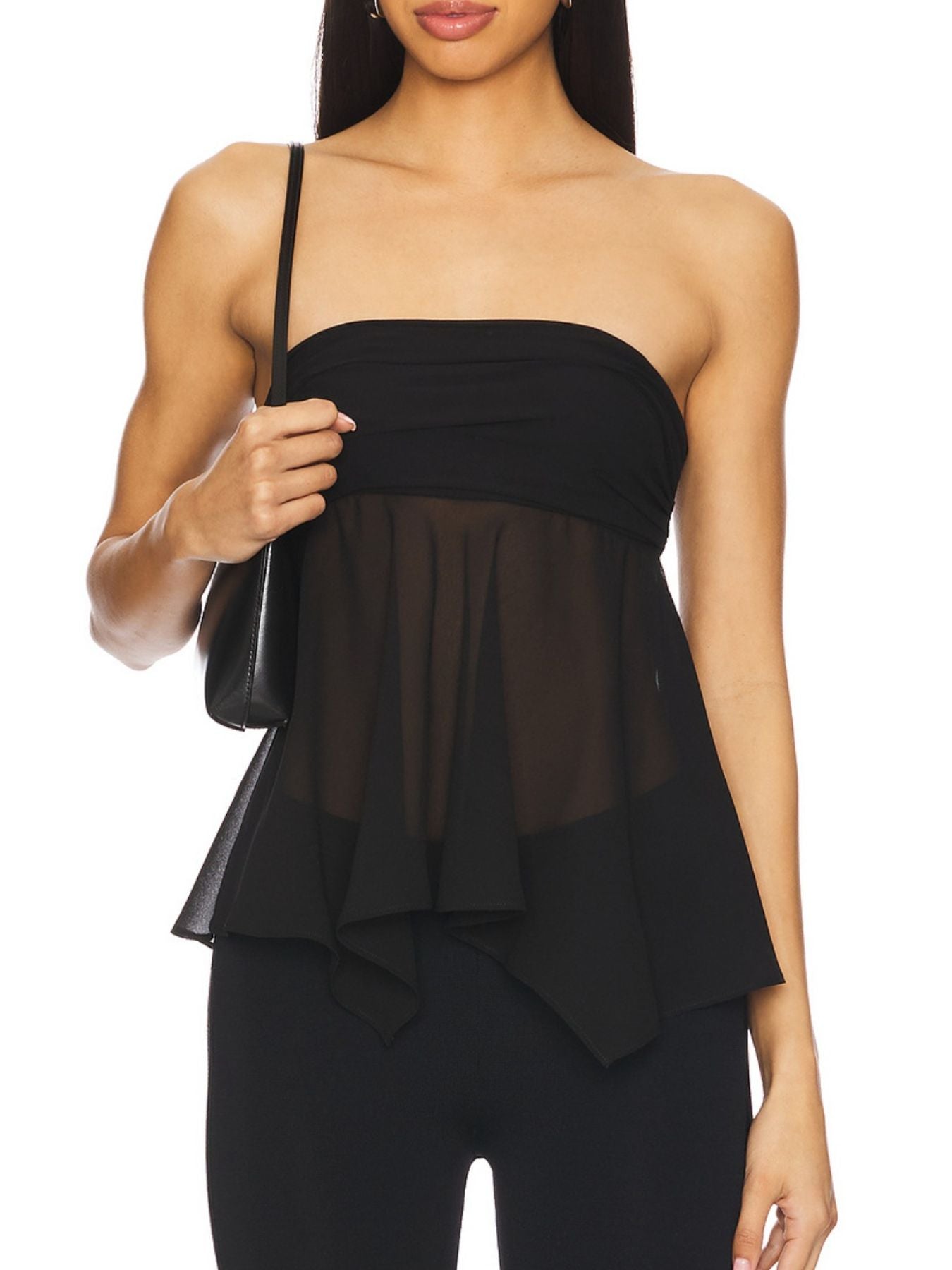 Black asymmetrical sheer ruffle top with elegant scarf detail.