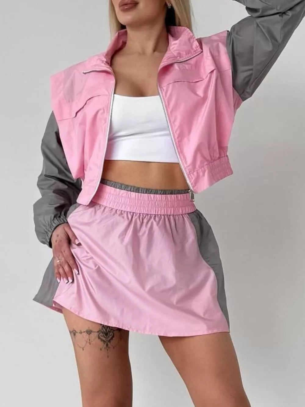Color Block Cropped Jacket And Skirt Set in Blue/White, side view