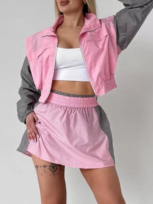 Color Block Cropped Jacket And Skirt Set in Blue/White, side view