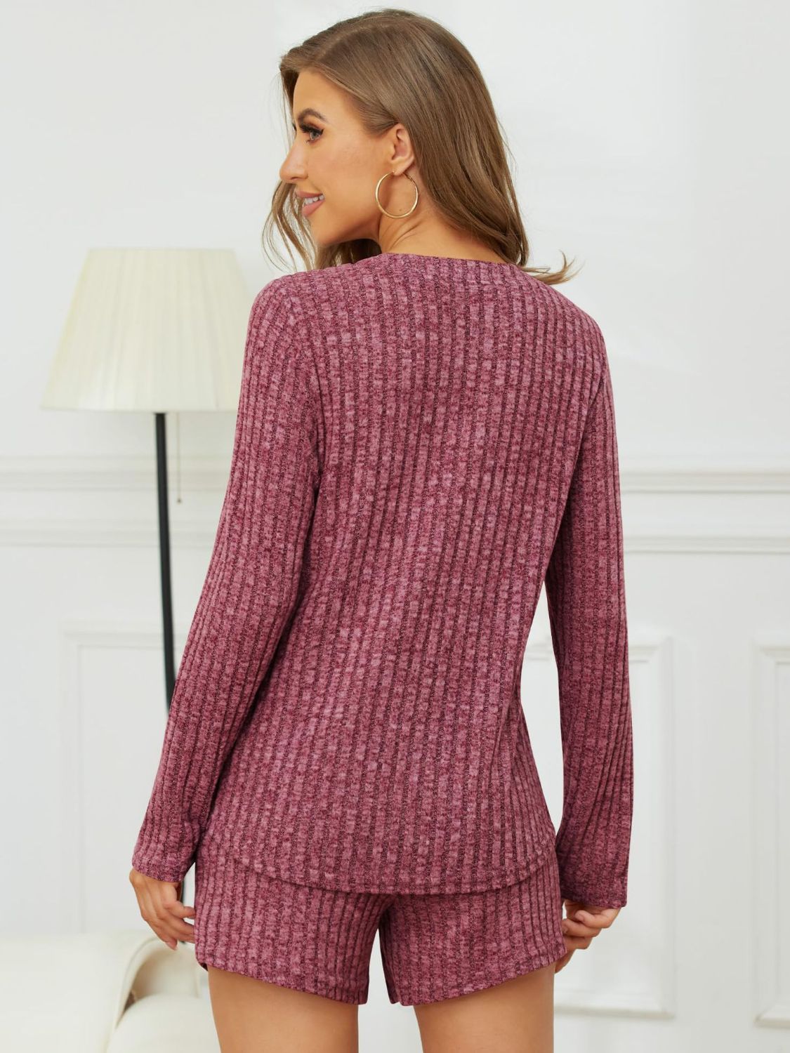 Ribbed henley lounge set in cerise with long sleeves and shorts.