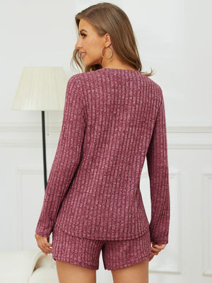 Ribbed henley lounge set in cerise with long sleeves and shorts.