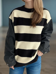 Denim sleeve knit sweater with black and cream stripes, crew neck, and relaxed fit.