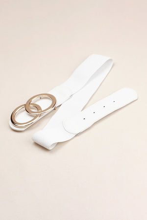 White stretch belt with interlocking gold rings and buckle closure