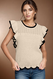 Khaki knit top with black scalloped trim and ruffle sleeves.