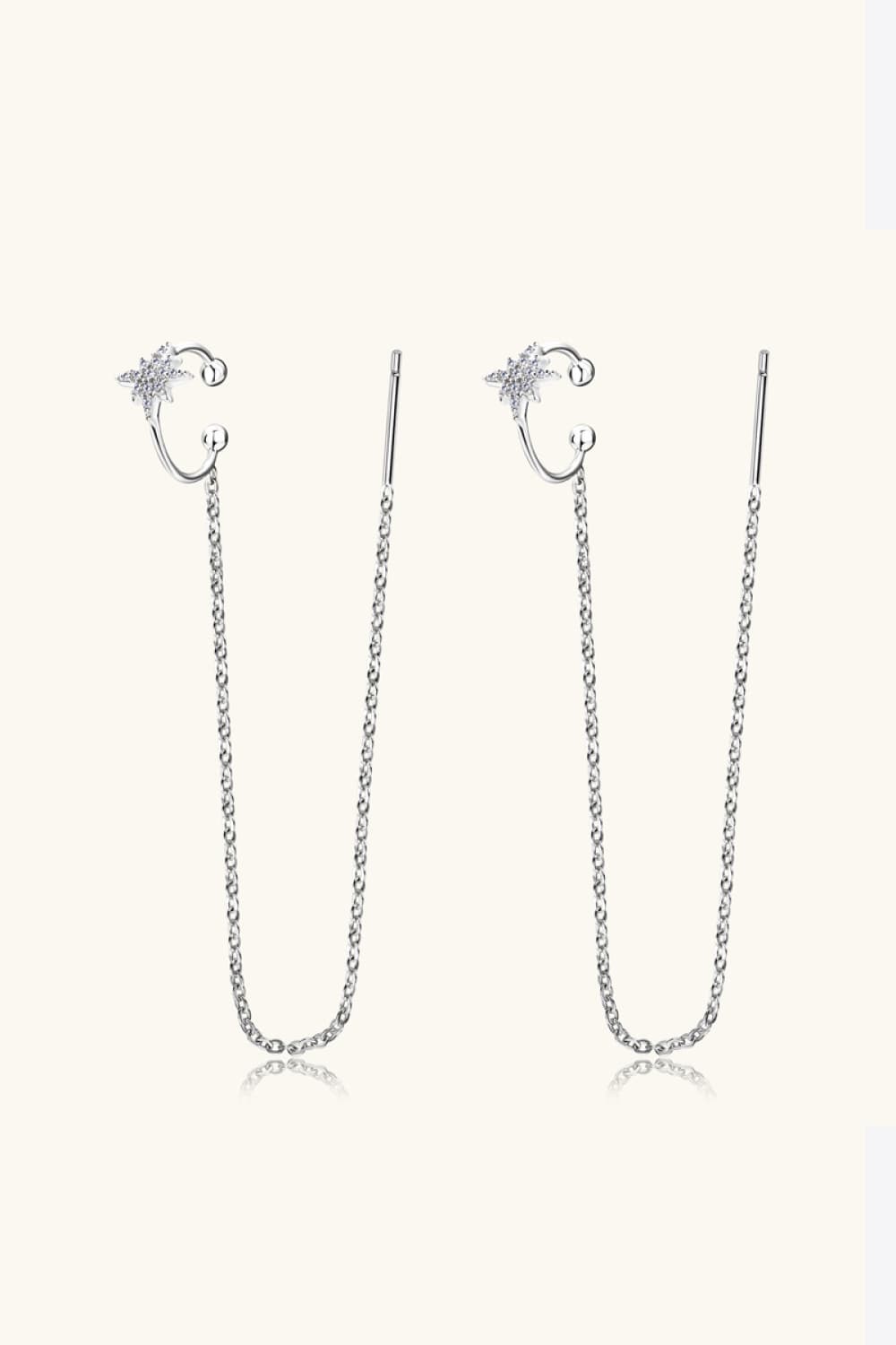 Silver moissanite starburst threader earrings with chain drop detail