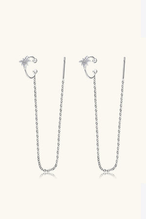 Silver moissanite starburst threader earrings with chain drop detail