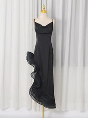 Spaghetti Strap Ruffle Slit Maxi Dress in Black, model styling view