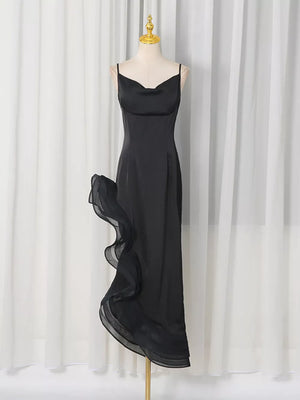 Spaghetti Strap Ruffle Slit Maxi Dress in Black, model styling view