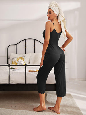 Black lace trimmed cami lounge set with capri pants