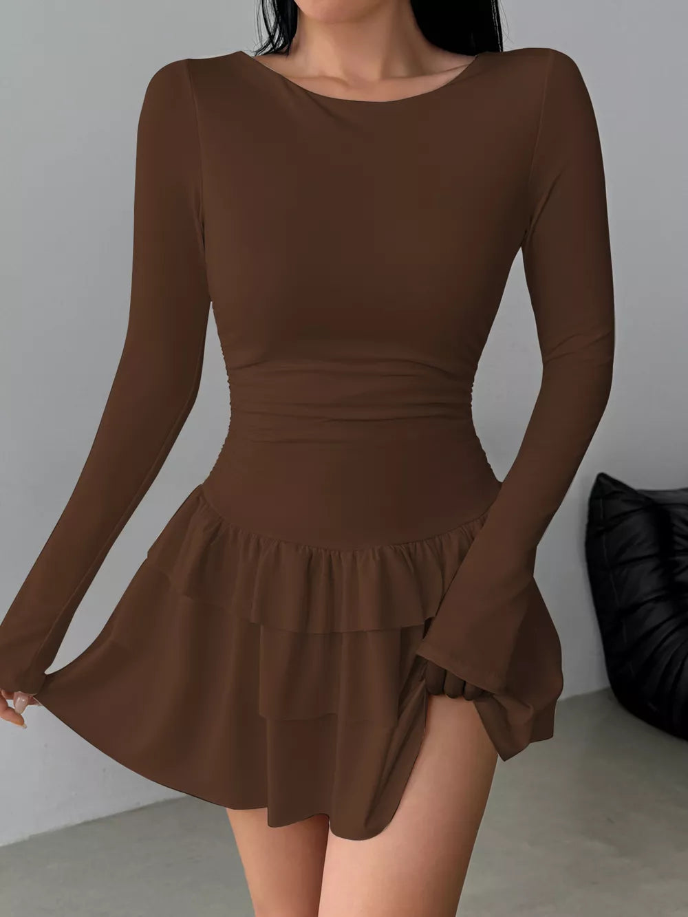 Ruched Long Sleeve Layered Ruffle Mini Dress in Red, alternate angle