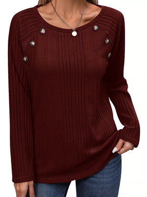Ribbed Long Sleeve T-shirt With Button Detail in Black, fabric detail