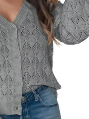 V-neck Openwork Button-down Knit Cardigan in White, close-up detail